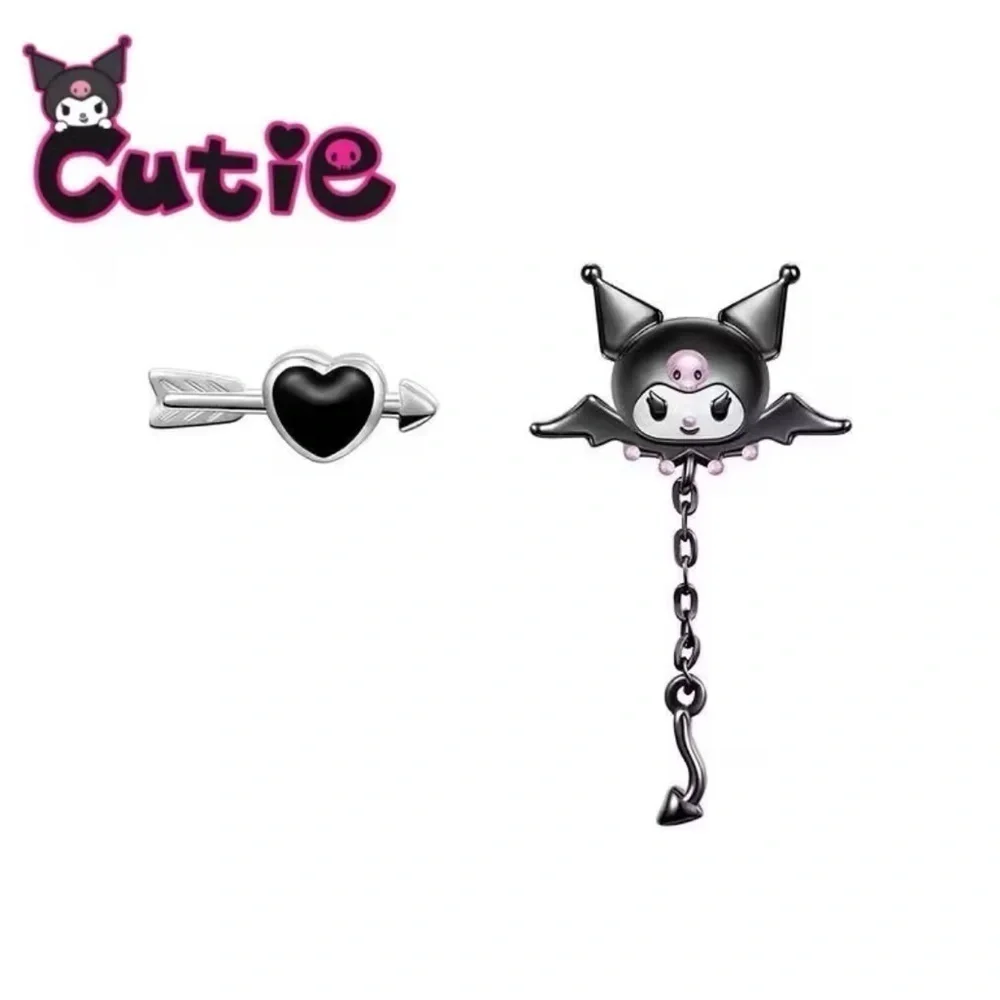 925 Sterling Silver Plated Kuromi Bat Wings Arrow & Heart Mismatch Stud Earrings